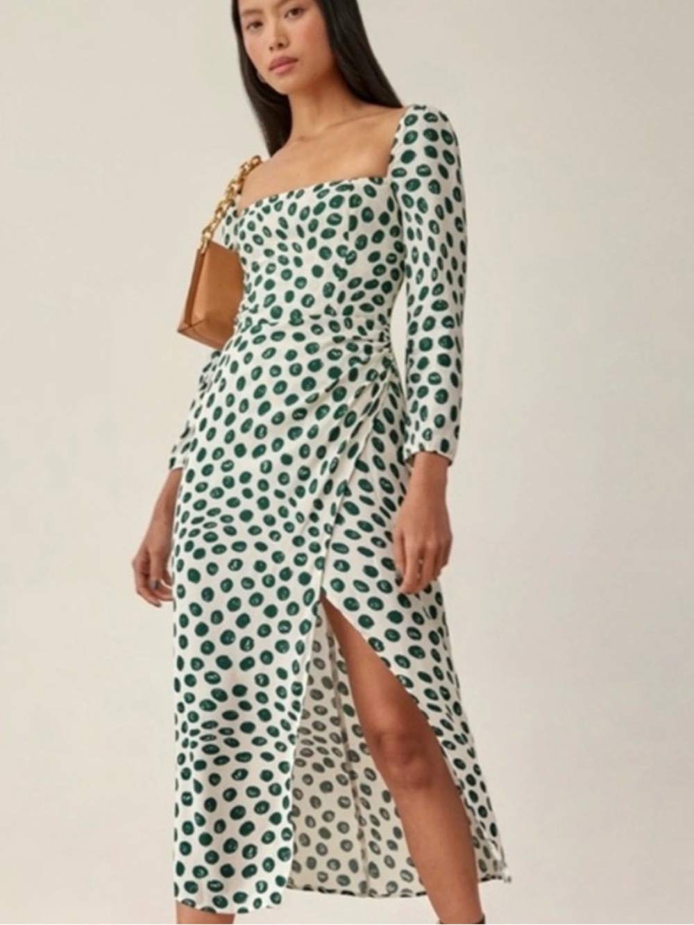 Reformation Hilda Midi Dress with Green Polka Dots and Square Neckline